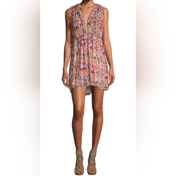 Iro Plum Sleeveless Mini Dress Watercolor Flowy Drawstring Vneck US Size 10 - Picture 1 of 16